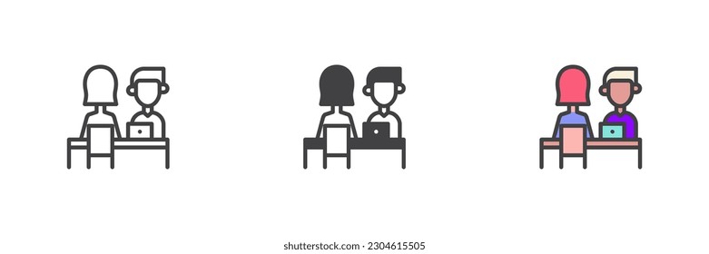 Job Interview mit anderen Stil Symbol Set. Linie, Glyph und gefüllte Umrissversion, Umriss und ausgefülltes Vektorzeichen. Symbol, Logo-Abbildung. Vektorgrafik