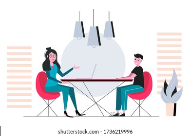 Job interview and employment business meeting and recruitment HR manager and job vacancy concept. Employer and candidate talking at job interview vector illustration. 
