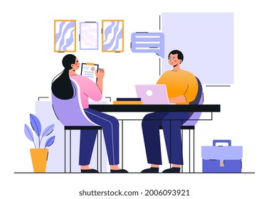 Job Interview, Employment Process, Choosing A Candidate Concept. The Girl Gets A New Job And Is Interviewed By Her Boss. Cartoon Modern Flat Vector Illustration Isolated On A White Background