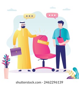 Job interview, empty office chair. Recruitment process, search for employees, human resources. Arabic businessman boss or hr specialist talking with male applicant. New job vacancy in arab country