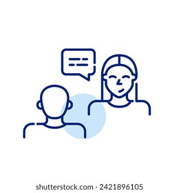 Job interview. Female candidate presenting her qualification to male human resources employee. Pixel perfect icon