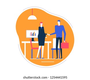 Job interview - flat design style colorful illustration on white background. High quality composition with a female HR specialist, manager shaking hands with a male candidate in the company office