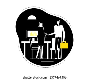 Job interview - flat design style vector illustration. Black, yellow and white composition with a female HR specialist shaking hands with a male candidate in the company office.  