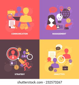 Job interview flat icons set with communication management strategy analytics isolated vector illustration
