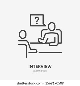 Job interview flat line icon. Business person conversation vector illustration. Thin sign of boss questioning employee, career meeting pictogram.