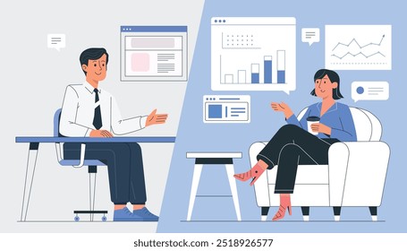 Job Interview in Flat Vector: HR Manager and Candidate, Recruitment Discussion, Hiring Process, Business Meeting, Headhunting