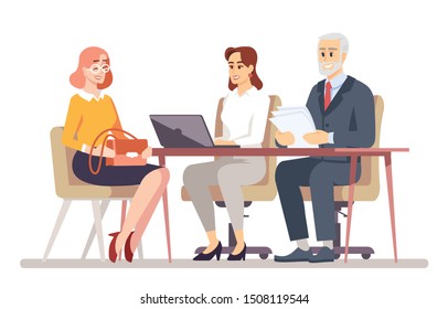 Job interview flat vector illustration. Boss with personal assistant hiring employee. Banking consultation. HR managers and interviewer isolated cartoon characters on white background