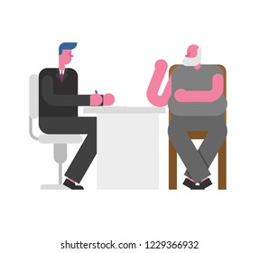 Job Interview Grandfather. Boss and employee old man. businessman listen to candidate pensioner. employment Vector illustration
