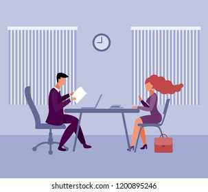 Job interview. Hiring people. man and woman are sitting opposite each other.