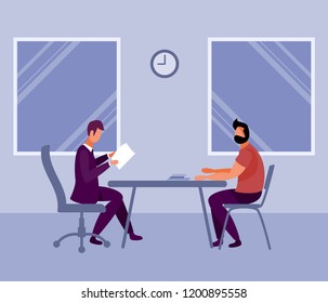 Job interview. Hiring people. Two men sit across from each other.