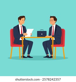 Job interview, hiring process, candidate evaluation, career opportunity, HR meeting, professional discussion, resume review, employment screening, workplace recruitment. Flat vector illustration.