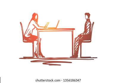 Job, interview, hiring, recruitment, work concept. Hand drawn job interview with candidate concept sketch. Isolated vector illustration.
