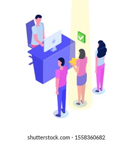 Job interview, HR agent character choosing employer.  Employment service, headhunter. Vector isometric illustration