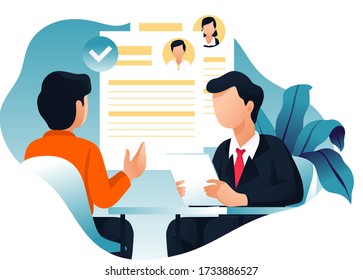 Job interview. HR manager. Office work. Vector flat illustration.HR manager and candidate. Flat style interview background. Vector illustration