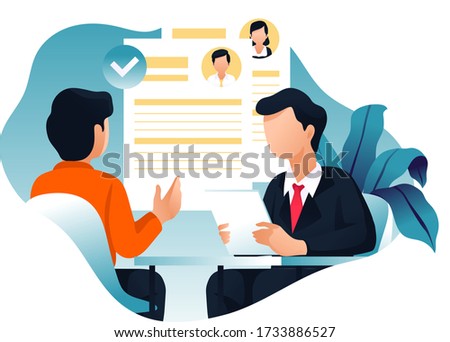 Job interview. HR manager. Office work. Vector flat illustration.HR manager and candidate. Flat style interview background. Vector illustration
