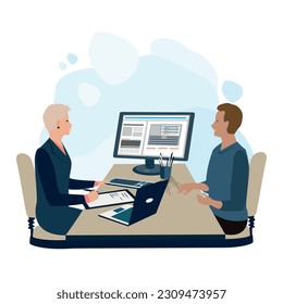 Entrevista laboral. Gerente de Recursos Humanos hablando con un hombre en la oficina. Empleador amigable y buscador de empleo. Ilustración de vector de negocio en estilo plano.
