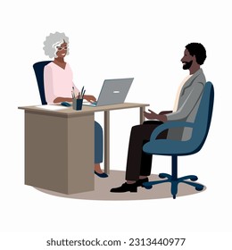 Job interview. HR manager talking to a man in the office. Friendly employer and job seeker. Business vector illustration in flat style.