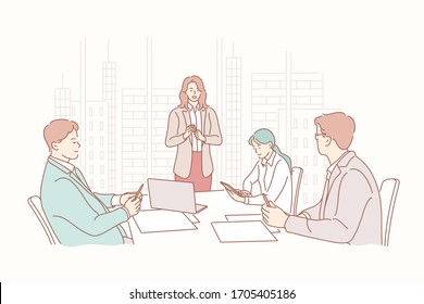 Job interview, HR, meeting, recruiting, training, headhunting business concept. Businesspeople managers listen woman clerk trainer presentation in office. HR recruiters headhunters on job interview.