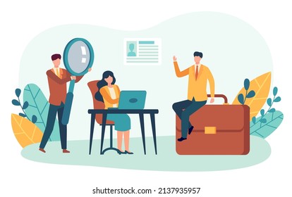 Job interview. HR specialist checking candidate with magnifying glass. Hiring new employee. Worker sitting on briefcase. Managers organizing recruiting process for position vector illustration