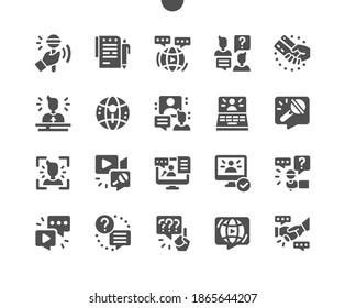 Job interview. Human resource and hiring process. Work, business. Job search, unemployment. Microphone, communication, intergovernmental. Vector Solid Icons. Simple Pictogram