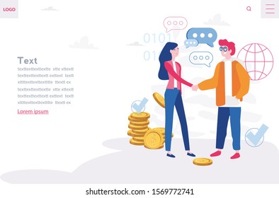 Job Interview, Human Resource, recruitment, Hiring Process.  Vector illustration for web banner, infographics, mobile. HR Manager Interviewing Female Candidate. woman and man shaking hand.