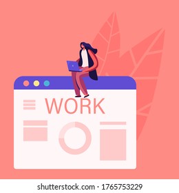 Entrevista laboral y concepto de recursos humanos. Mujer con laptop buscando nuevo trabajo enviando CV y publicando anuncios en línea. Carácter mediante recurso de aplicación de Internet, en funcionamiento. Ilustración del vector de dibujos animados