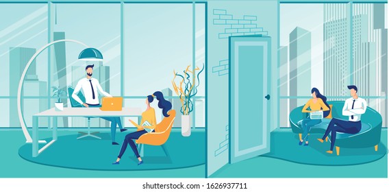 Job Interview in Human Resources or HR Company Department. Men and Women Cartoon Characters Giving Interview to Recruiter Manager and Awaiting Admission in Office. FLat Vector Illustration.