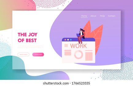 Job Interview and Human Resources Landing Page Template. Woman with Laptop Searching New Job Sending CV and Publishing Ads Online. Character Using Internet to Find Work. Cartoon Vector Illustration