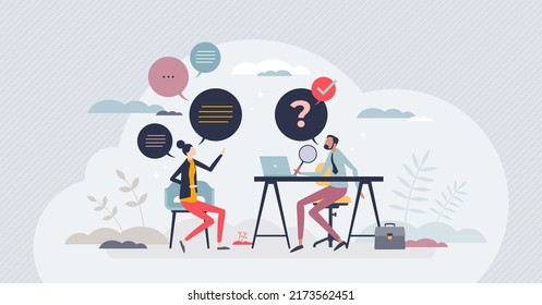 Job interview as human resources talking to candidate tiny person concept. HR communication to find best employee and applicant vector illustration. Questions about career experience and work skills.