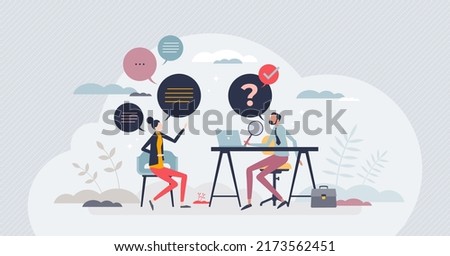 Job interview as human resources talking to candidate tiny person concept. HR communication to find best employee and applicant vector illustration. Questions about career experience and work skills.