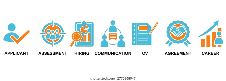 Job interview icon set Aqua Orange Flat Design, Vector Illustration concept relate to icon of applicant, assessment, hiring, communication, cv, agreement and career