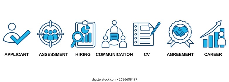Ícone de entrevista de emprego definido Em Blue Monochrome Flat Design, conceito de Ilustração de Vetor relacionar-se com ícone do candidato, avaliação, contratação, comunicação, cv, acordo e carreira