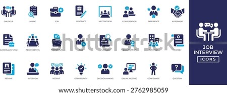 Job interview icon set featuring recruitment, evaluation, hiring, employer, meeting, portfolio, CV, and more. Solid vector icon collection.