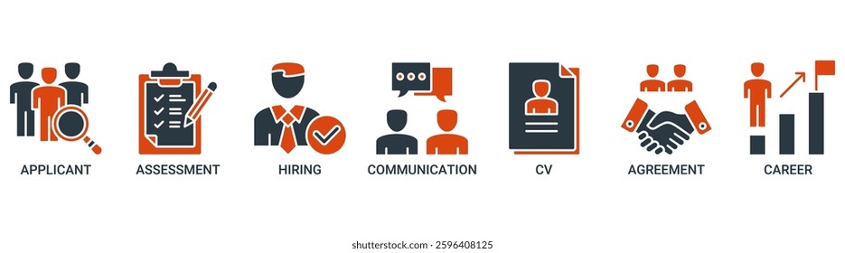 Job interview icon set. Vector illustration symbol concept with icon of applicant, assessment, hiring, communication, cv, agreement and career icons. Solid color vector symbol background.