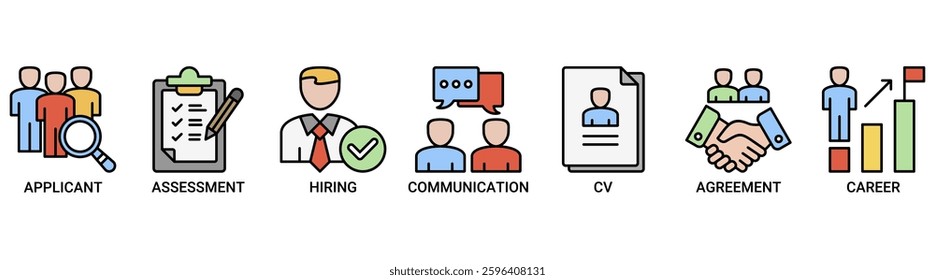 Job interview icon set. Vector illustration symbol concept with icon of applicant, assessment, hiring, communication, cv, agreement and career icons. Outline color vector symbol background.