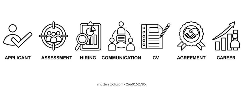 Concepto de la Ilustración vectorial del conjunto del icono de la entrevista de trabajo con el icono del solicitante, la evaluación, la contratación, la comunicación, el CV, el Acuerdo y la carrera