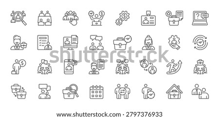 Job Interview icons in line design. job interview, candidate, hiring, resume, recruiter, meeting, career on white background vector. Job Interview editable stroke icons.