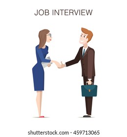 Job interview illustration with cartoon business man and woman characters on white background.
