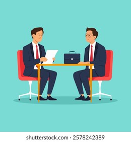 Job interview illustration featuring two businessmen in formal attire, discussing a resume at an office table. Business meeting, hiring process, HR recruitment, career opportunity concept. Flat vector