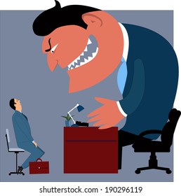 Job interview. Intimidated candidate talking mo a monster boss, vector illustration