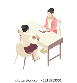 Entrevista de trabajo con personajes femeninos isométricos sin rostro de la figura del reclutador y del vector 3d candidato