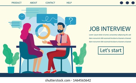 Job Interview Landing Page. Human Resource and Hiring Process Design. Cartoon Flat Man, Boss Chief, HR Manager Interviewing Female Candidate, Woman Work Seeker. Vector Office Interior Illustration