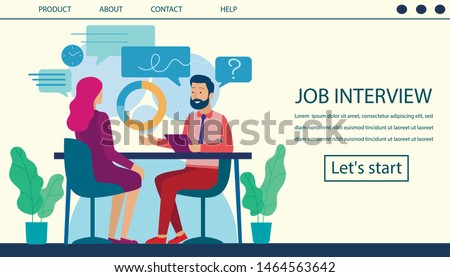 Job Interview Landing Page. Human Resource and Hiring Process Design. Cartoon Flat Man, Boss Chief, HR Manager Interviewing Female Candidate, Woman Work Seeker. Vector Office Interior Illustration