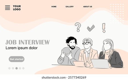 Job interview landing page template with hand drawn business scene of professionals sitting on the desk with laptop. Flat vector illustration