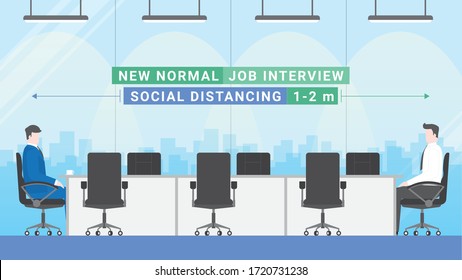 Job interview lifestyle after pandemic covid-19 corona virus. New normal is social distancing. Flat design style vector concept