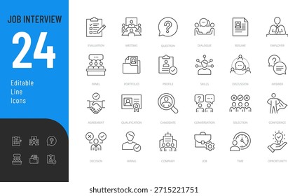 Bearbeite die Interviewzeile mit Symbolen. Vektorgrafik im modernen, dünnen Stil, um ein Job-bezogenes Icon zu erhalten: Lebenslauf, Kandidat, Einstellung und mehr. Einzeln auf transparentem Hintergrund.