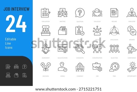 Job Interview Line Editable Icons set. Vector illustration in modern thin style of getting a job related icons: resume, candidate, hiring, and more. Isolated on transparent background.