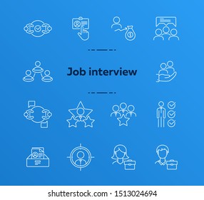 Job interview line icon set. Candidate rate, selection, team. Human resource concept. Can be used for topics like career, recruitment, selection