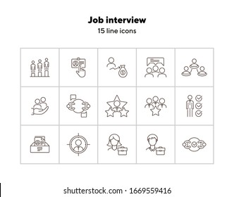 Job interview line icon set. Candidate rate, selection, team. Human resource concept. Can be used for topics like career, recruitment, selection