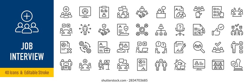 Job Interview line icon set. Interview, recruitment, hiring, candidate, resume, application, employer, employee, career, meeting, selection, conversation, collection. Editable stroke. Vector